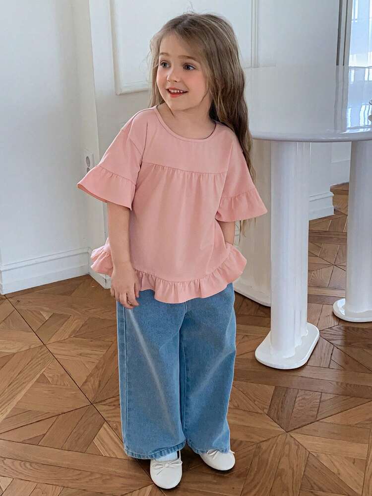 Young Girl Solid Color Round Neck Ruffle Sleeve Loose Casual T-Shirt