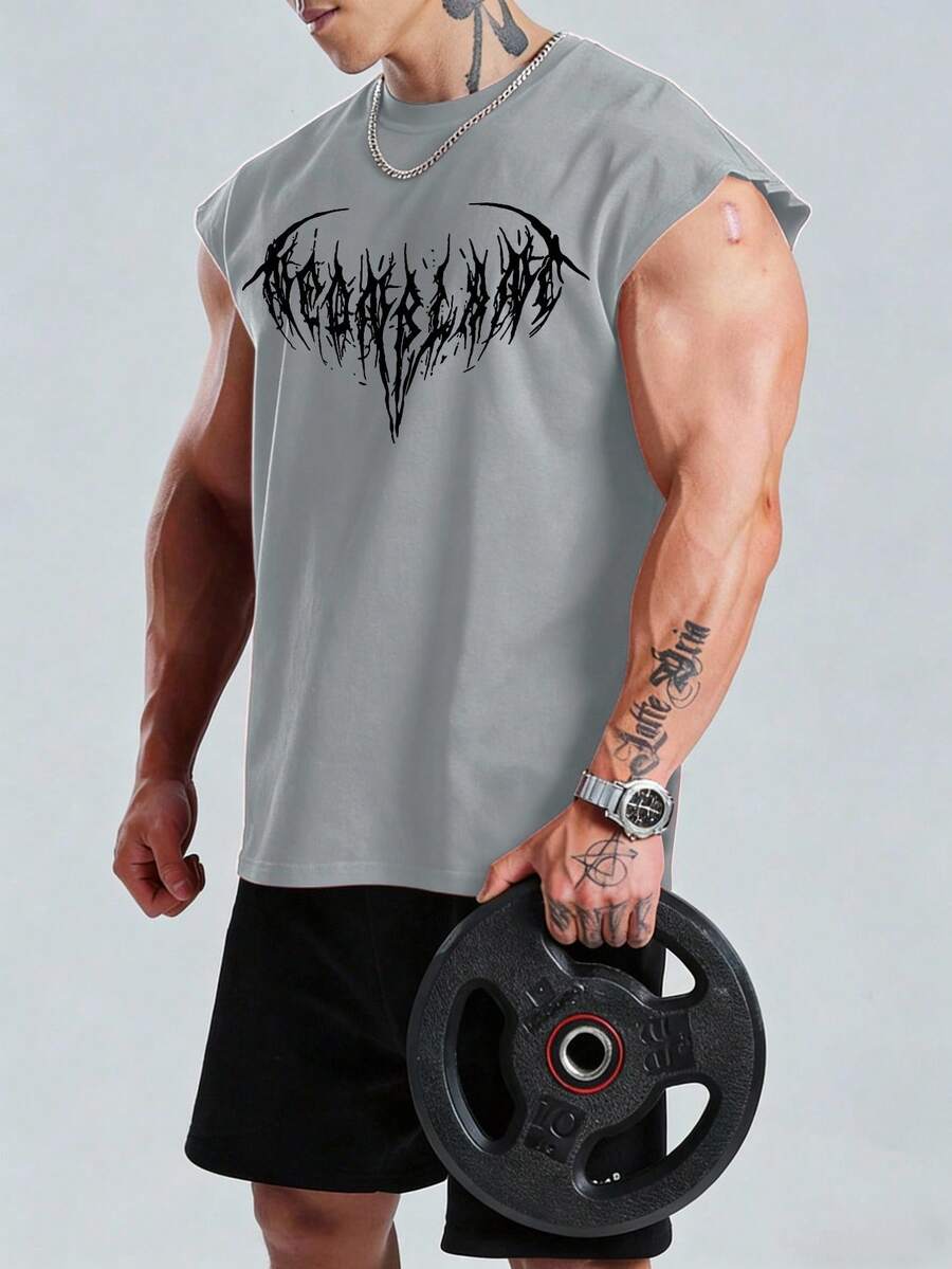 GymBeat Men's Gothic Style Printed Sleeveless Workout Tank Top - Light Grey - View 1