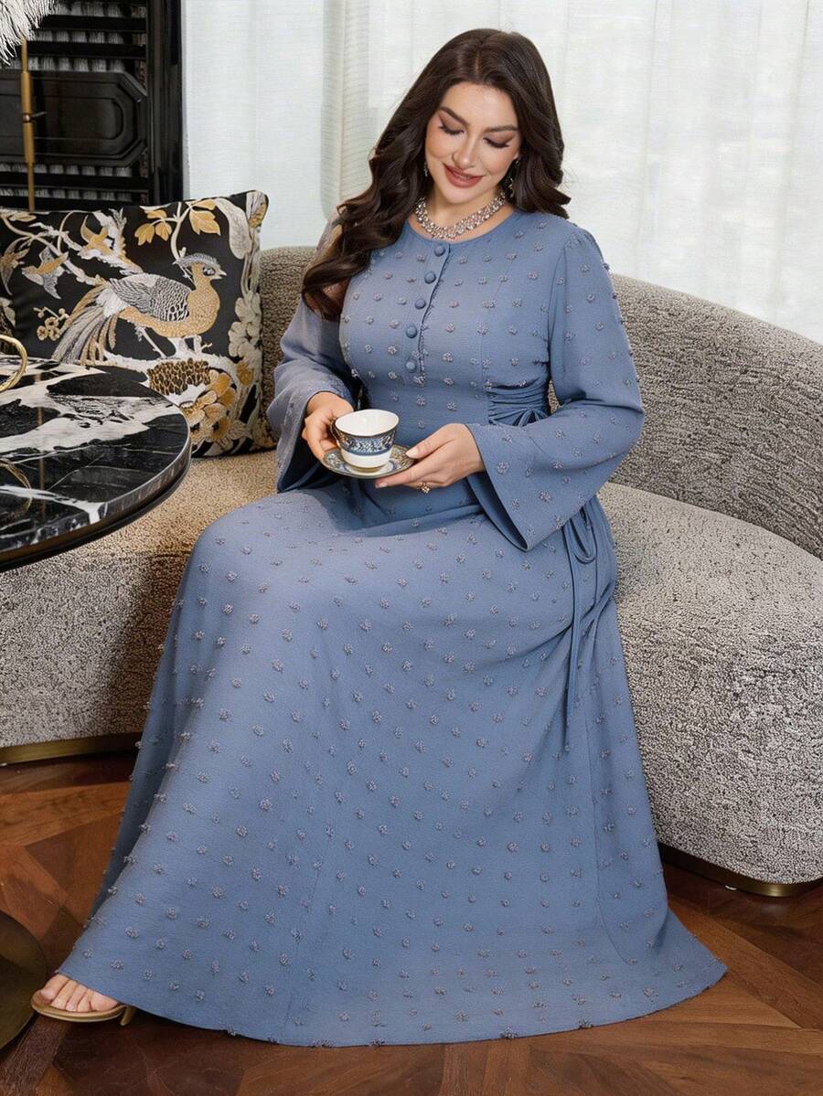 Modelyn Đầm xòe tay dài thắt eo thời trang dành cho nữ cỡ lớn - Màu xanh lam - Xem 1