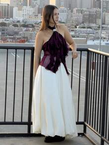 Kuleshova Women's Elegant Multi-Layer Ruffle Trim Stand Collar Fitted Tank Top Purple - Red Violet - View 5