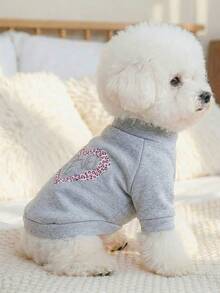 PETSIN 1pc Super Cute Gray Pet Clothing, Printed With Pink Leopard Print Heart Pattern And Sparkling "PRETTY" Rhinestone, Soft Pullover For Cats And Dogs - Grey - View 4