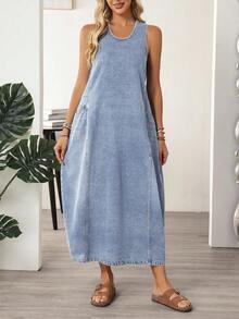 EMERY ROSE Plus Size Sleeveless Casual Denim Dress - Light Wash - View 4