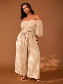 Veslaya 2026春夏大码女装，适合音乐节、复活节、西部风、游牧风、生日派对、毕业典礼、大学、学生、日常穿着、百搭基础款、休闲、度假、邮轮旅行、海滩、日光浴、热门单品、街头风、婚礼宾客波西米亚风、通勤、早午餐、机场、派对、假日郊游、优雅晚宴、舞会等场合。这款卡其色纹理露肩钥匙孔领长泡泡袖系带阔腿长裤两件套，适合游艇、居家办公等场合。 - 卡其色 - 查看 5