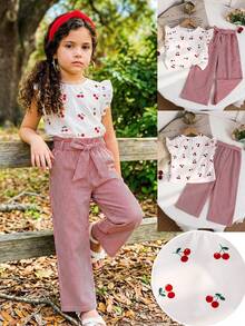Emery Rose Kids Emery Rose Kids 两件套女童雪纺圆领樱桃印花荷叶边休闲T恤和条纹裤套装 - 紅白色 - 查看 11