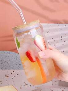 1pc 400/550ml Heat-Resistant Glass Cup With Lid & Straw, Flat Bottom, Suitable For Coffee, Milk Tea, Juice, Home & Office Use - Clear - View 4