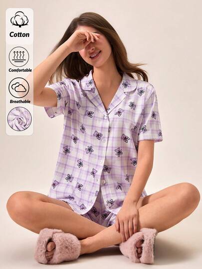 Loomlin Damen 2-teiliges Set mit Knopfverschluss, Bär- und Karomuster, Kurzarmhemd & Shorts, Hausanzug, süß, bequem, Lässig Pyjama Set