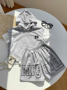 SHEIN 3pcs Kids Boy Casual Versatile Comfortable Letter Print Hooded Loose Knit T-Shirt And Shorts 3-Piece Set, Suitable For Spring/Summer, Daily Wear, Sports, Outings, School, Gatherings, Festivals, Photo Shoots, Back To School Season - Multicolor - View 5