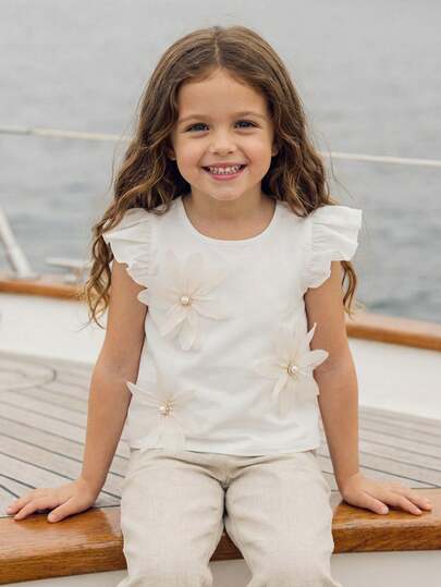 Emery Rose Kids Young Girl Woven Solid Color Round Neck Ruffle Floral Casual Blouse