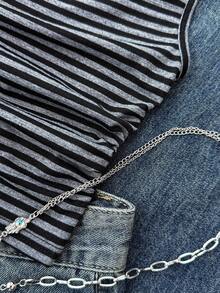 少女背心和吊带衫，纯黑/白/灰条纹针织休闲简约波点印花修身不对称褶皱露脐上衣，适合春夏穿着，休闲个性风格，日常百搭。 - 彩色 - 查看 4