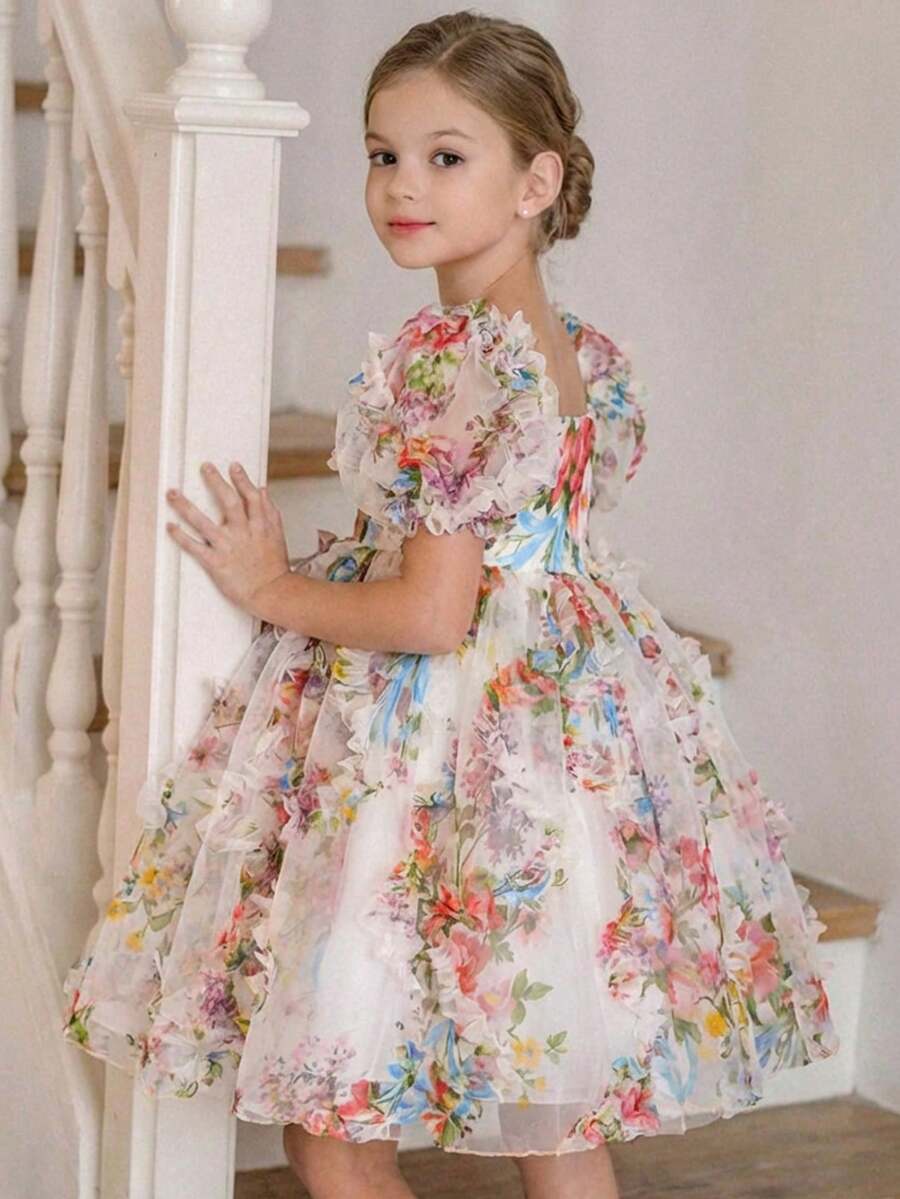 SHEIN Young Girl Spring/Summer New Embroidered Puff Sleeve Princess Dress - Multicolor - View 1