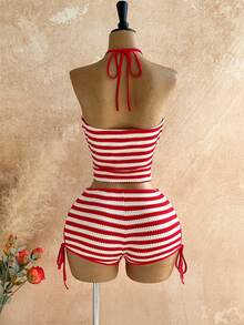 Soleia 女士春夏度假两件套：红白条纹撞色针织不对称肩部修身上衣搭配超低腰紧身短裤，适合派对、约会、海滩、邮轮、嘉年华、复活节等场合。 - 紅白色 - 查看 2