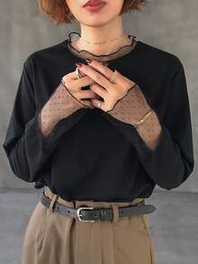 Dazy Tall 高个女式蕾丝拼接圆领长袖套头T恤 - 黑色 - 查看 7