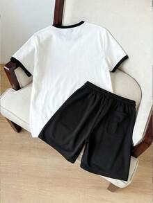 SWAVVY Men's Letter Print Round Neck Short Sleeve T-Shirt And Drawstring Waist Shorts Casual Set, Mens Casual Short Set - Black and White - View 3