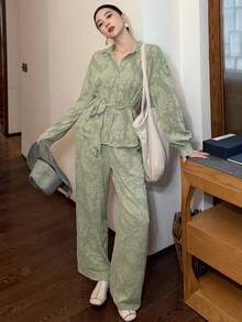 DAZY Women's Casual Floral Print Belted Shirt And Wide Leg Pants 2-Piece Set, Spring/Summer - Green - View 2