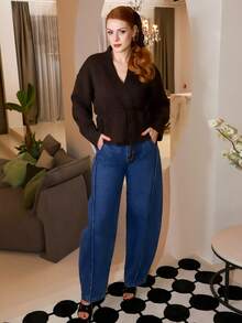 Gretanique 落肩系带开衫，长袖上衣，复古风格商务休闲女士工作服 - 巧克力棕 - 查看 1