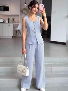 SHEIN Conjunto de chaleco y pantalones de rayas azules y blancas de estilo informal y casual para adolescentes - Azul y blanco - Ver 7