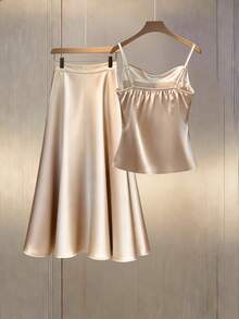Franclia Bộ đồ 2 mảnh thời trang, gợi cảm, cổ xếp ly, viền bèo nhún, cúc giả, vạt bất đối xứng, eo cao, dáng chữ A, chất liệu acetate, thích hợp cho kỳ nghỉ lãng mạn hoặc đi làm hàng ngày. - Màu be - Xem 2