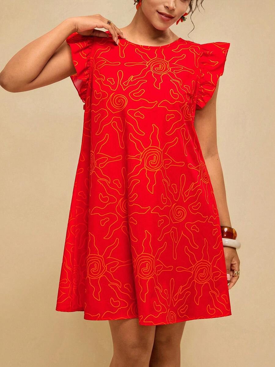 Travachic Plus Size Women's Red Abstract Line Print Dress, Round Neck Abstract Sun Pattern Loose Short Dress - Red - View 1