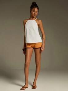 Athîral Women's Casual White Jacquard Plaid Sleeveless Off-Shoulder Denim Blouse, Spring/Summer - White - View 4