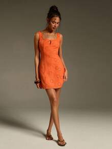 Athîral 女士镂空刺绣方领无袖时尚迷你连衣裙 - 橘色 - 查看 3