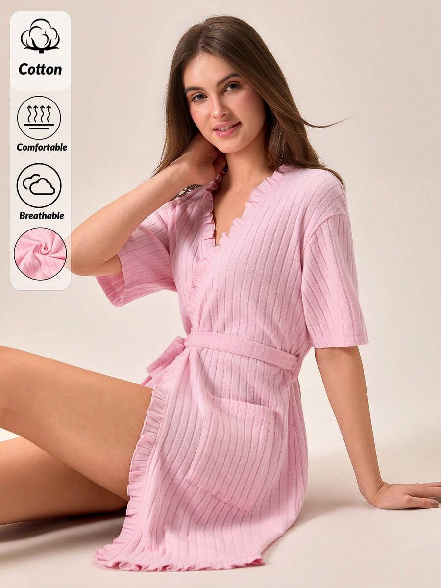 Loomlin Women Cotton Rib Knit Ruffle & Pocket Detail Short Sleeve Homewear Lounge Robe - Pink - View 1