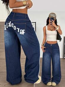 Muchica Women's Low-Rise Wide-Leg Blue Jeans With Letter Print On The Back; A Casual Y2K Summer Outfit. - Dark Wash - View 1
