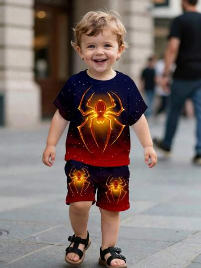SHEIN Conjunto de camiseta casual simple para niño pequeño, adecuado para primavera y verano, estampado gráfico de color degradado clásico, estampado súper araña