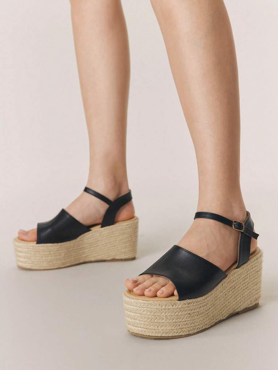 Styleloop Sandal Platform Wedges Wanita, Sandal Liburan Bohemian Ujung Terbuka Musim Panas, Sandal Pantai Romawi Tali Anyaman dengan Gesper Tali, Cocok untuk Musim Liburan, Musim Semi/Panas, Gaya Bohemian & Resor - Hitam - View 1