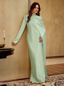 ZEYLAH Satin Asymmetric Fringe Long Sleeve Dress, Spring/Summer - Mint Green - View 5