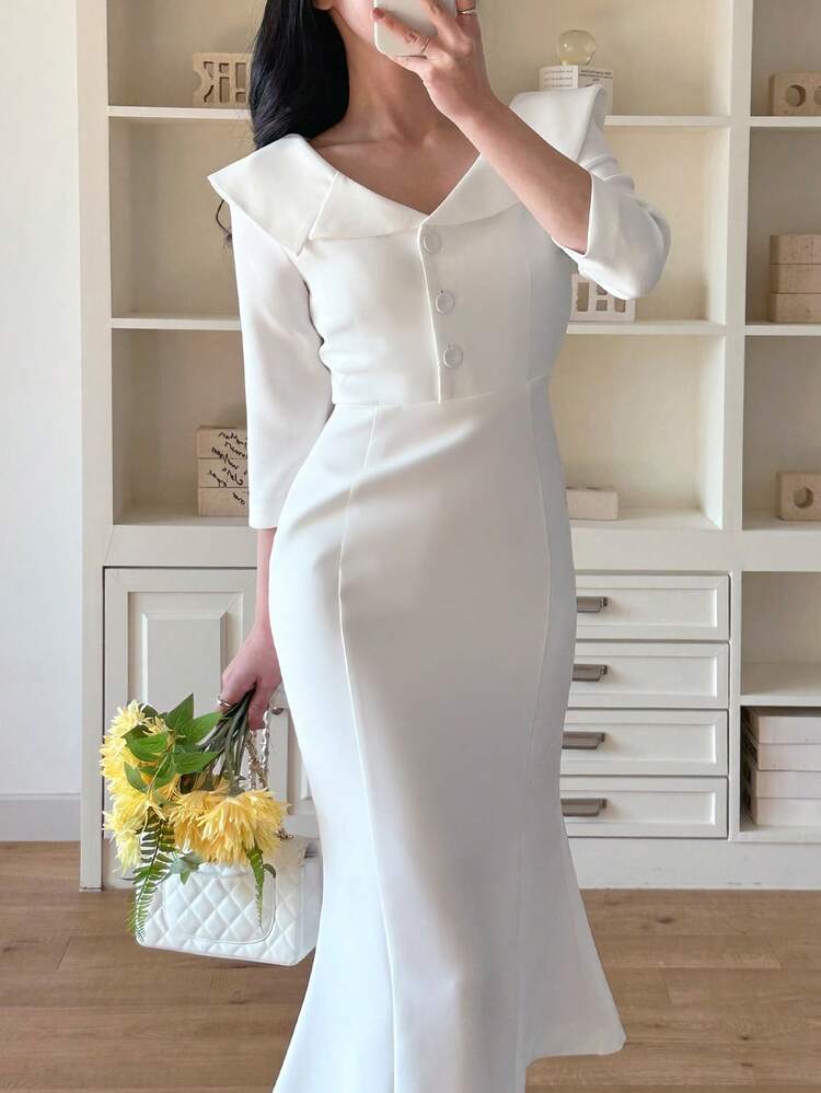 Women's Solid Color Button Midi Dress, Suitable For Commuting And Outings In Summer Sundress