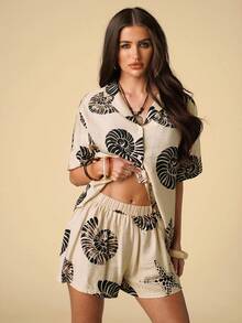 SHEIN BAE 女士海星印花弹力腰带罩衫短裤 - 杏色 - 查看 6