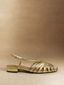 Rosivie 女士方头金色PU编织多带凉鞋，配金属环扣，适合约会、情人节、通勤等场合。 - 金色 - 查看 2