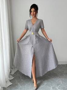 Elenzga Đầm nữ cổ chữ V tay ngắn thanh lịch, thích hợp cho đi làm và mặc hàng ngày. - Xám - Xem 5