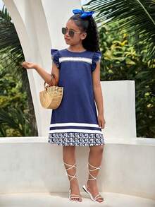 SHEIN Tween Girl Geometric Striped Pattern Round Neck Cap Sleeve Dress - Blue - View 1