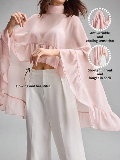 Ontre Women's Soft, Comfortable, Wrinkle-Resistant Chiffon Fabric Loose Fit Stand Collar Cape Top With Asymmetric Hem, Ruffle Trim, Elegant For Wedding Guest, Minimalist Romantic French Luxury Urban Casual Office Wear High-End, Elegant, Old-Fashioned Cruise Attire For Wedding Guests Elegant And Classy Modern Urban Casual Fashion Business Casual Women's Office Wear Low-Key Old Money Style Effortless Temperament High-End Urban Commuting High-Quality Airport Women's Wear High-End Material