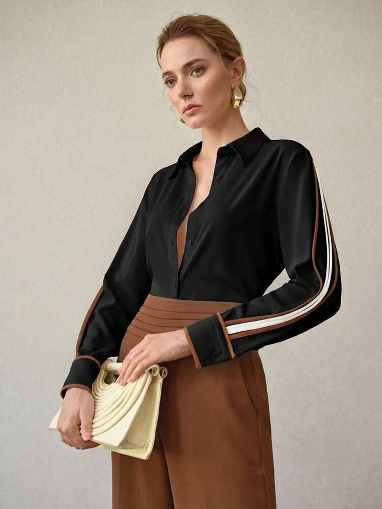 MINIMALIST ELEGANT CONTRAST TRIM SHIRT, SUITABLE FOR COMMUTING, SPRING/SUMMER