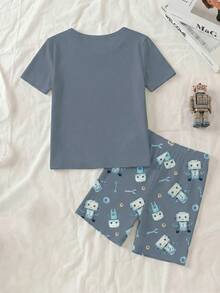 2pcs/Set Young BoyCool Robot Graphic Print Crew Neck Top And Matching Robot Print Leggings Knit Fabric Comfortable Casual Outfit - Multicolor - View 2