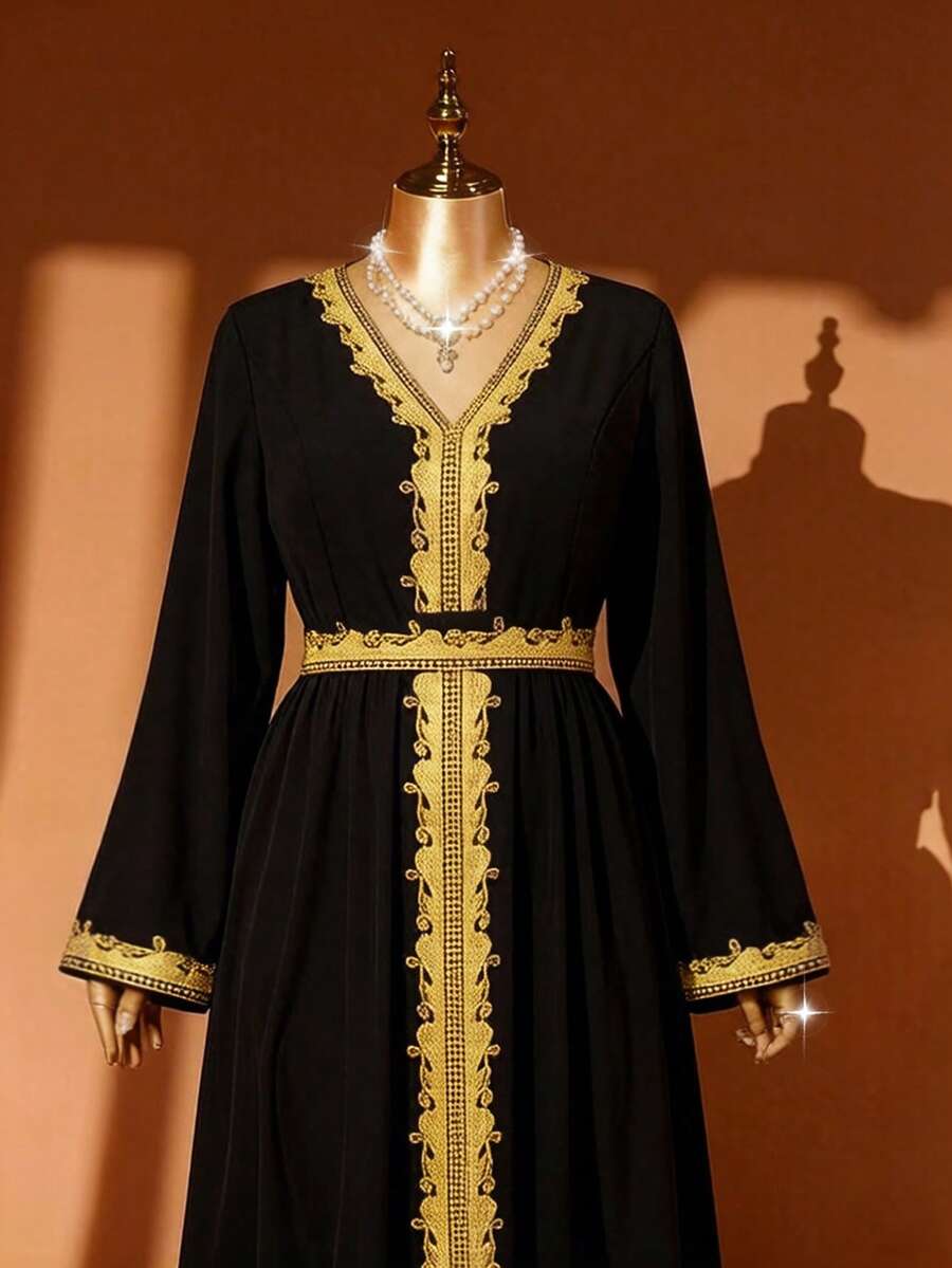 Plus Size Long Sleeve V-Neck Color Block A-Line Arabic Style Dress With Gold Lace Trim - Black - View 1