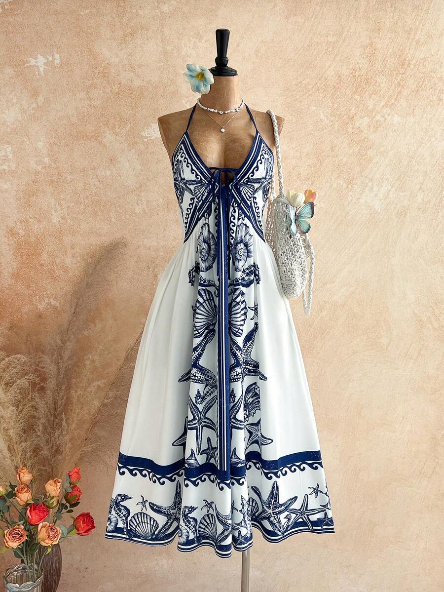 Soleia 女士复古休闲度假吊带V领露背连衣裙，饰有海星印花，适合海滩、邮轮、公路旅行、假日、约会、下午茶、音乐节、波西米亚风等场合。这款连衣裙是夏季度假装扮，适合休闲约会、情人节、下午茶、海滩、邮轮、海岛度假、早午餐等场合。它也是女士夏季连衣裙、吊带裙等夏季连衣裙的理想之选。 - 藍白色 - 查看 1