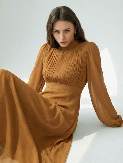 Aveloria Modichic 优雅通勤百搭扎染印花褶裥前腰收腰长袖连衣裙，女款，蓝绿色