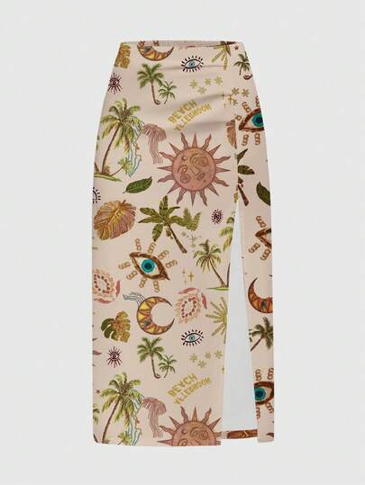 ROMWE Fairycore 嬉皮度假风月亮、星星、椰子树、太阳印花高开衩大码半身裙