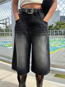 DAZY Teen Girls' Loose Fit Pocketed Wide Leg Cropped Denim Shorts - Black - View 4