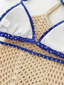 少女黑色波点吊带背心上衣和豹纹比基尼泳裤套装，夏季假期，海滩度假 - 藍色 - 查看 5