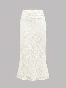 SHEIN Girlism 少女杏色优雅休闲蕾丝边不对称肩短袖T恤和半裙套装 - 杏色 - 查看 8