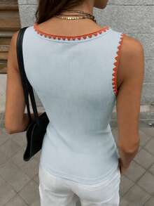 Cévolie Áo hai dây cổ vuông phối màu tương phản kiểu Pháp cổ điển, áo thun không tay dáng ôm tối giản, đa năng, gợi cảm, chất liệu vải dệt kim thêu họa tiết vỏ sò, phù hợp để đi chơi, đi làm và đi học. - Màu xanh lam - Xem 3