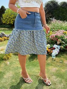 Breezaya Plus Size Women Floral Patchwork Pocket Button Casual Versatile Denim Skirt - Dark Wash - View 3