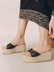 Styleloop Ladies, Straw Rope Buckles, Lame-Heeled Platform Sandals, Bohemian Style, Vacation Atmosphere, Summer Wear, Travel Essentials Summer Shoes - Black - View 7