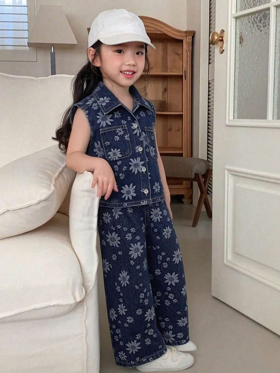 Dazy Kids Setelan Musim Panas untuk Anak Perempuan: Rompi Denim Gelap Tanpa Lengan dan Celana Jeans Longgar Berpotongan Lebar - Biru - View 1