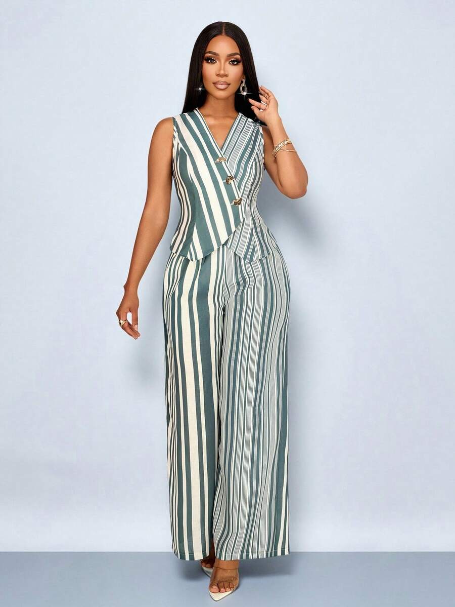 SOLERSUN 2pcs Women's Spring/Summer Striped Print Casual Elegant Outfit, V-Neck Sleeveless Wrap Vest Blazer & Wide Leg Pants, Suitable For Party, Business, Office, Vacation, Afternoon Tea - Army Green - View 1
