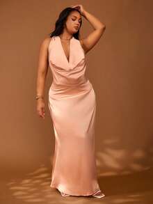 Veslaya Plus Size Women's Elegant Rose Gold Summer Satin Maxi Dress,Draped Neck Backless Silk Dress,Wedding Guest Formal Party Gala Vacation Halo Dress Y2k - Khaki - View 4